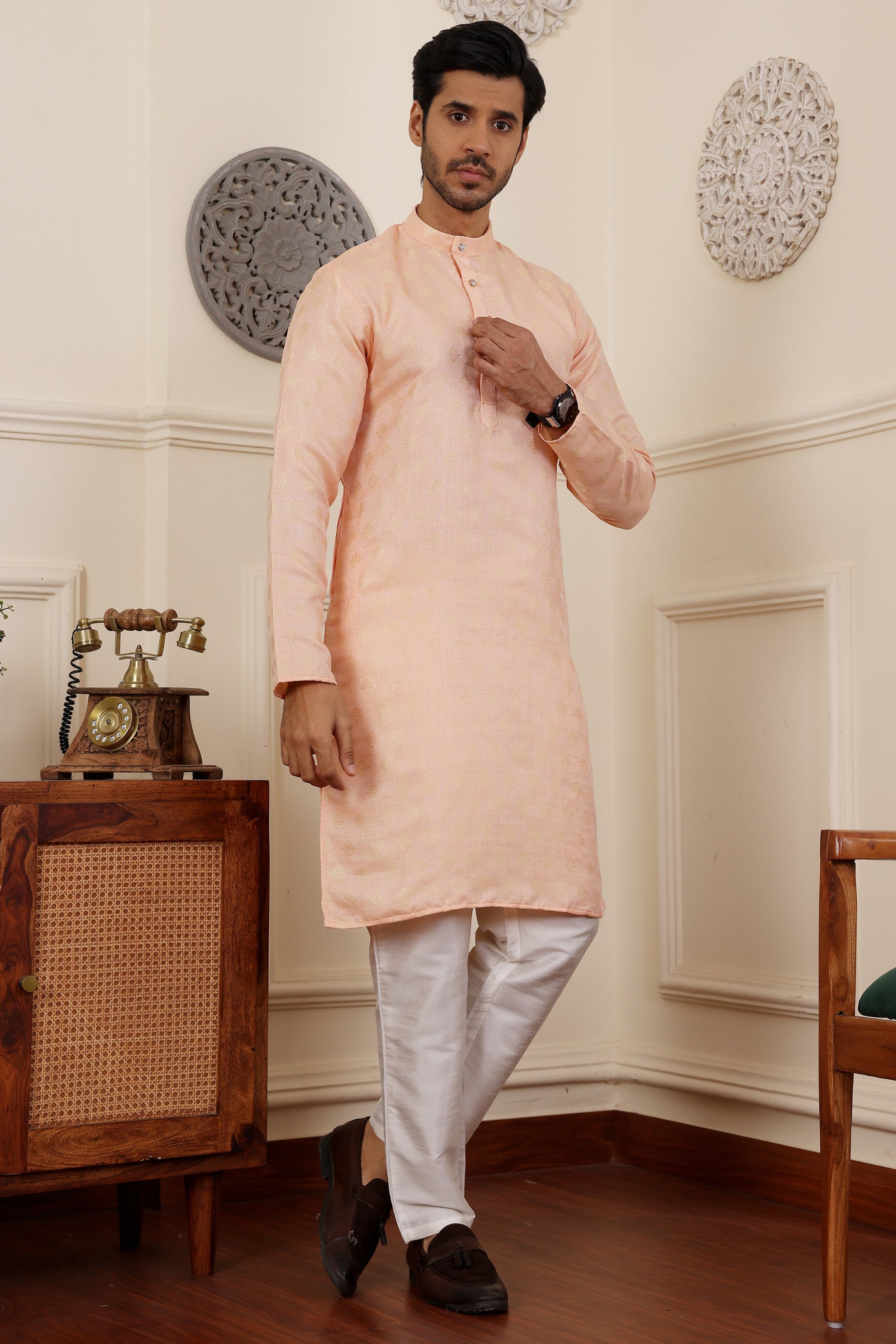 Peach Kurta Showcasing Traditional Festive Wear Appeal
