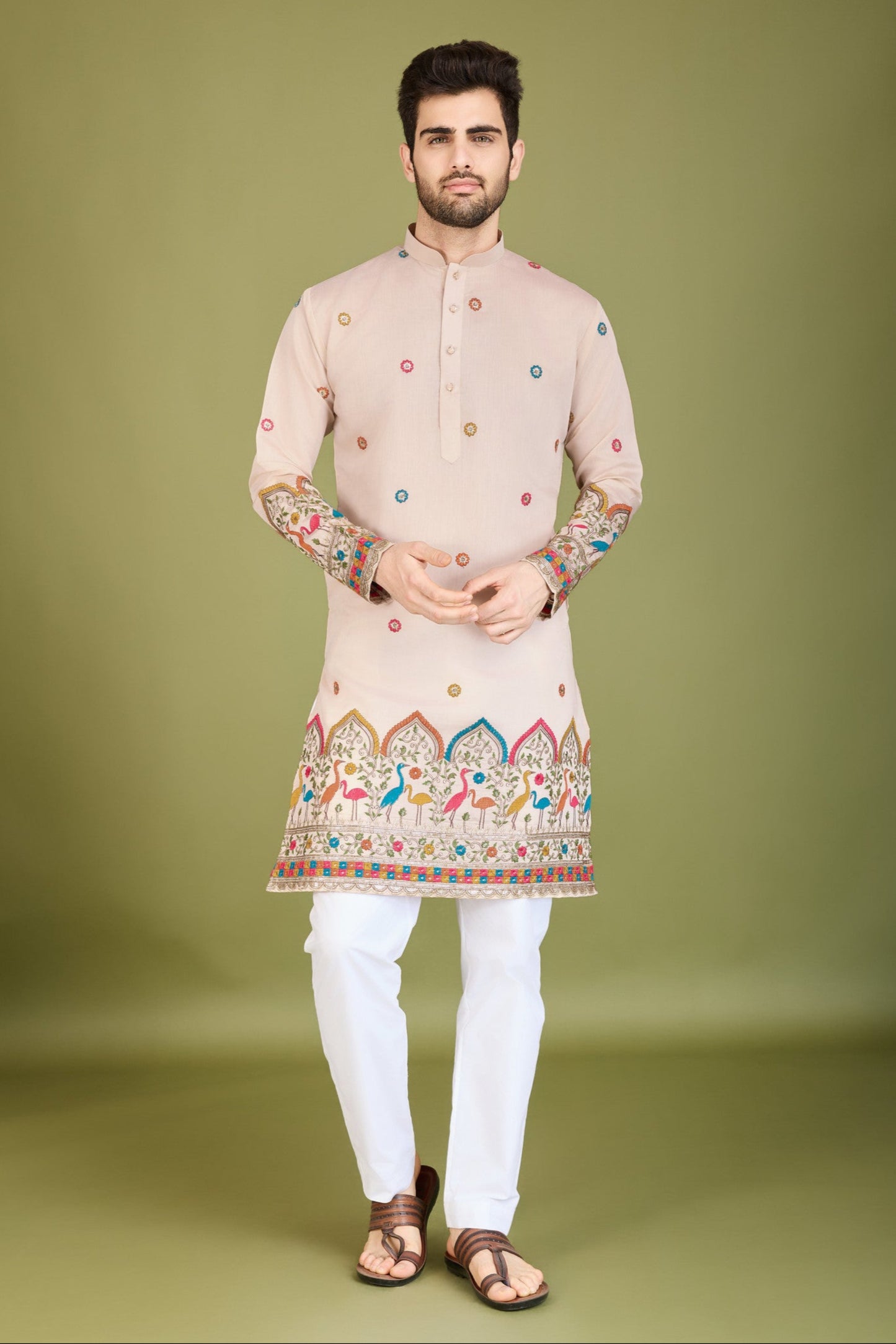 Peach Kurta Set With Thread And Sequence Embroidery