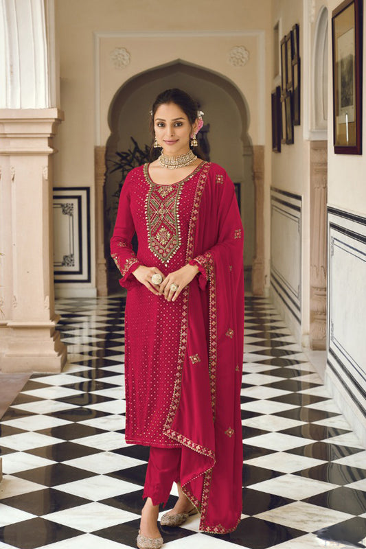 Dark Pink Georgette  Embroidery Work Kameez with Pant For Festival-Wedding-Reception