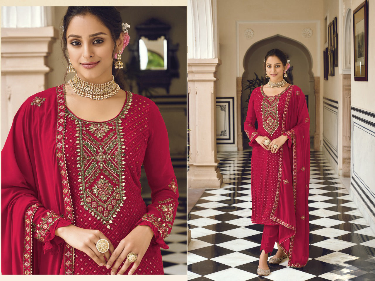 Dark Pink Georgette  Embroidery Work Kameez with Pant For Festival-Wedding-Reception