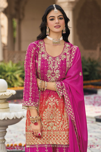 Stylish Heavy Chinon Embroidery Work Salwar Kameez Plazo Suit with Digital Print & Dupatta