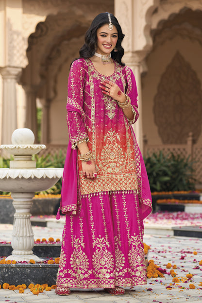 Stylish Heavy Chinon Embroidery Work Salwar Kameez Plazo Suit with Digital Print & Dupatta