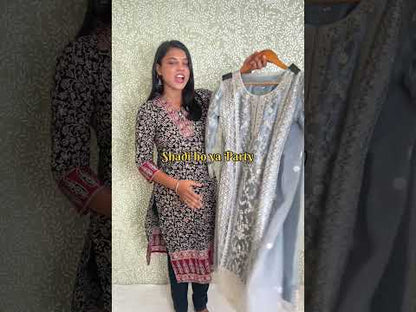 Grey Butterfly Net Palazzo Suit with Embroidery for Wedding Reception