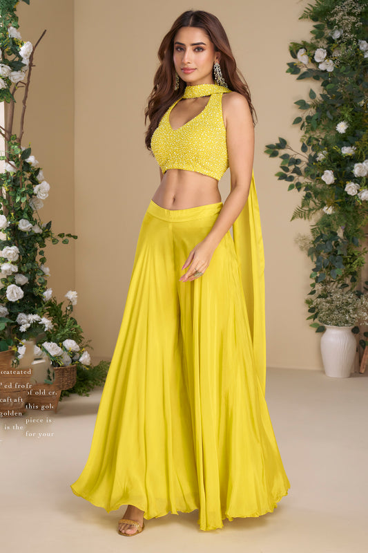 Beautiful Yellow Color Premium Chinon Silk Stylish Kameez With Shrug