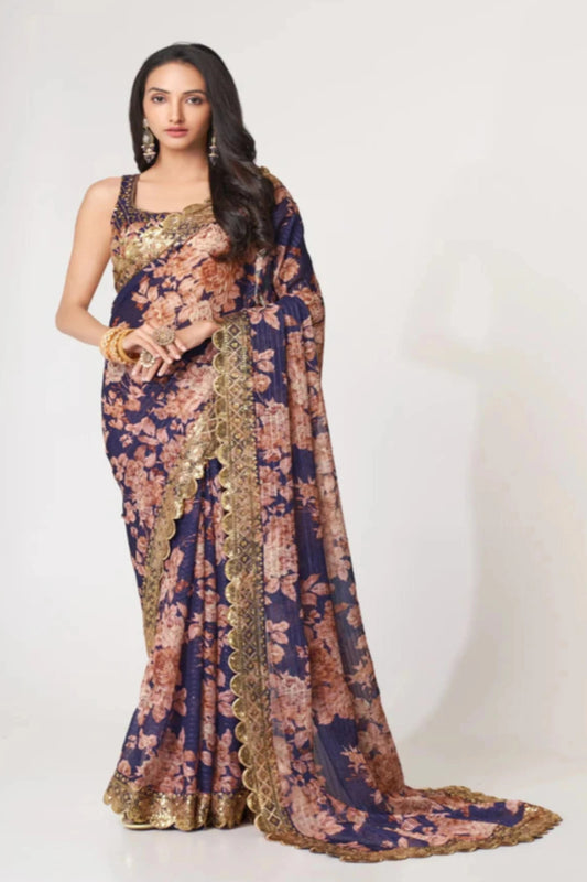 Designer Wedding Wear Floral Printed Reception Party Wear Blue Color Flower Saree