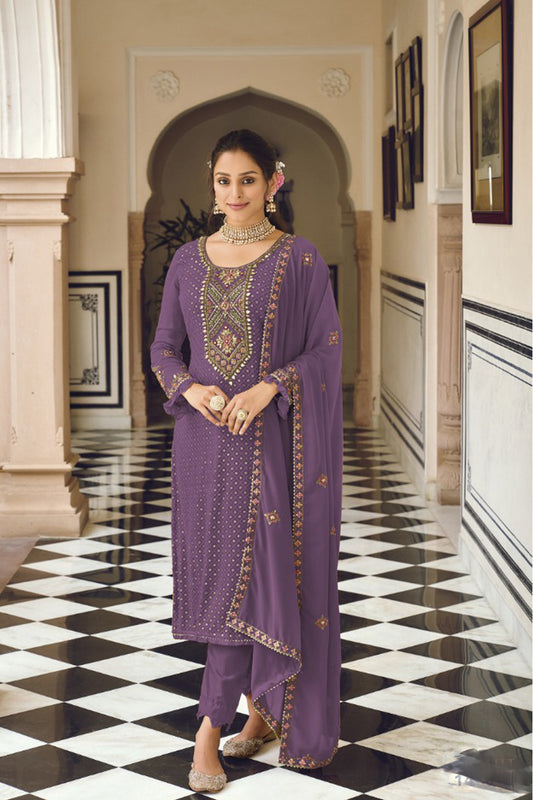 Georgette Purple color Embroidery Work Salwar Suit With Duppata For Wedding