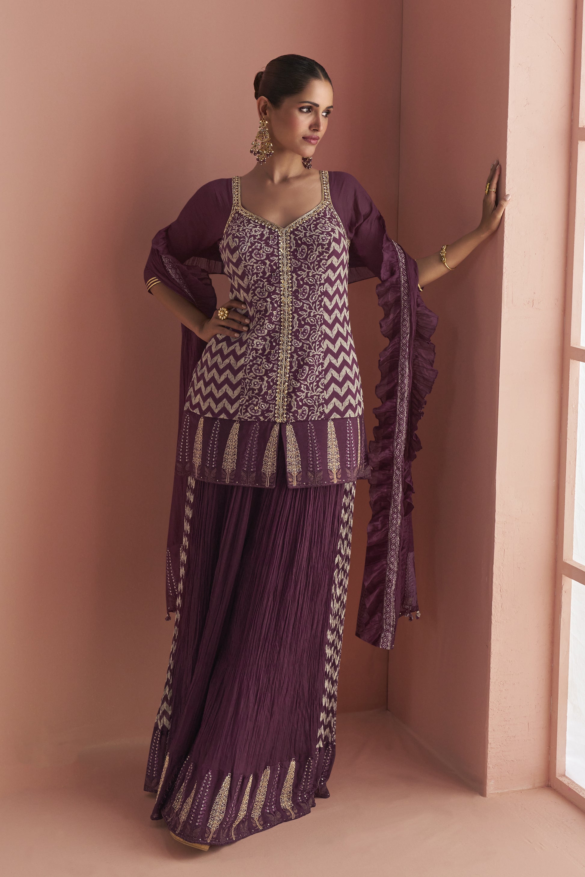 Designer Mauve Purple Color Salwar Kameez Palazzo with Embroidered Dupatta
