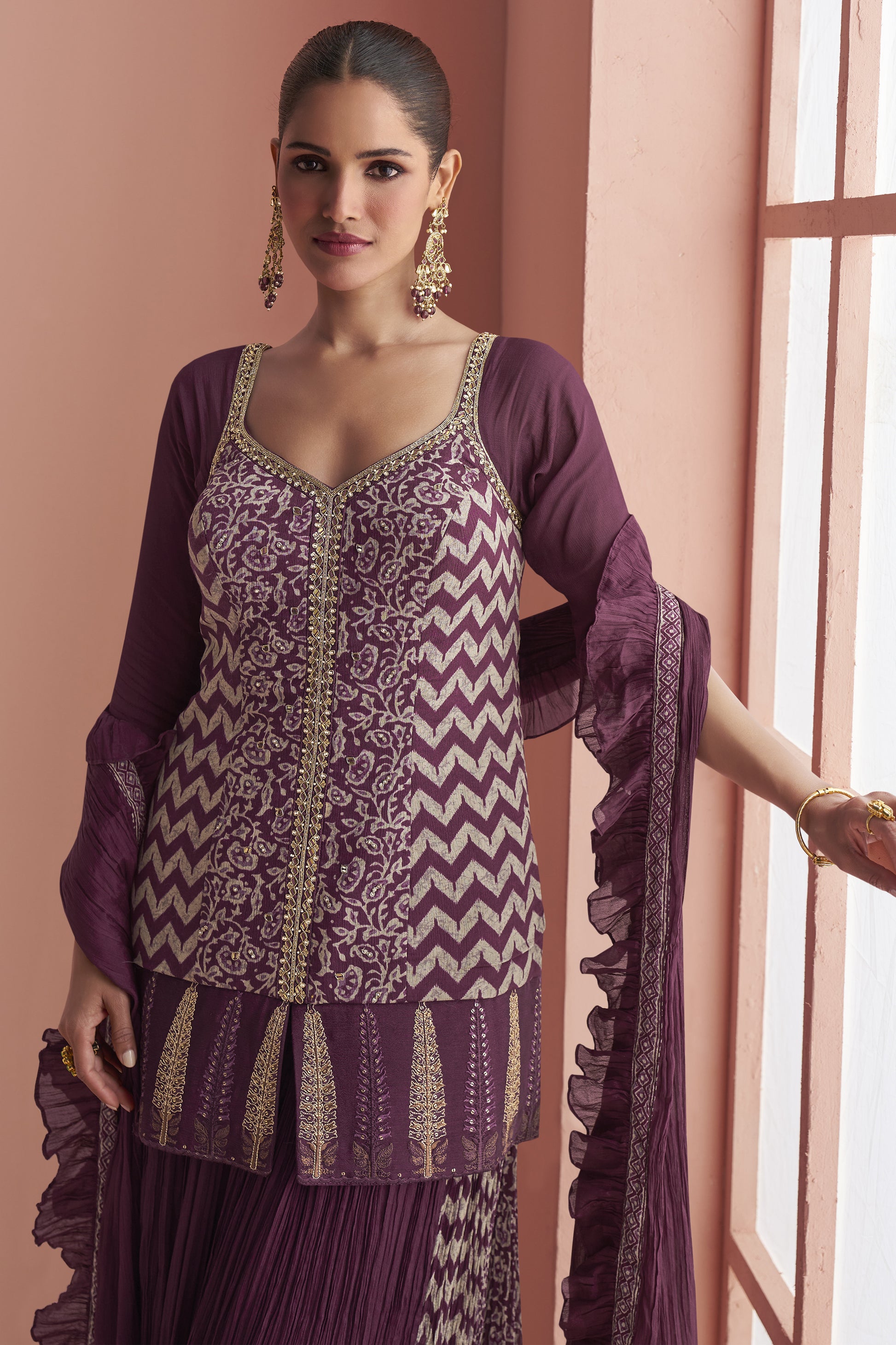 Designer Mauve Purple Color Salwar Kameez Palazzo with Embroidered Dupatta