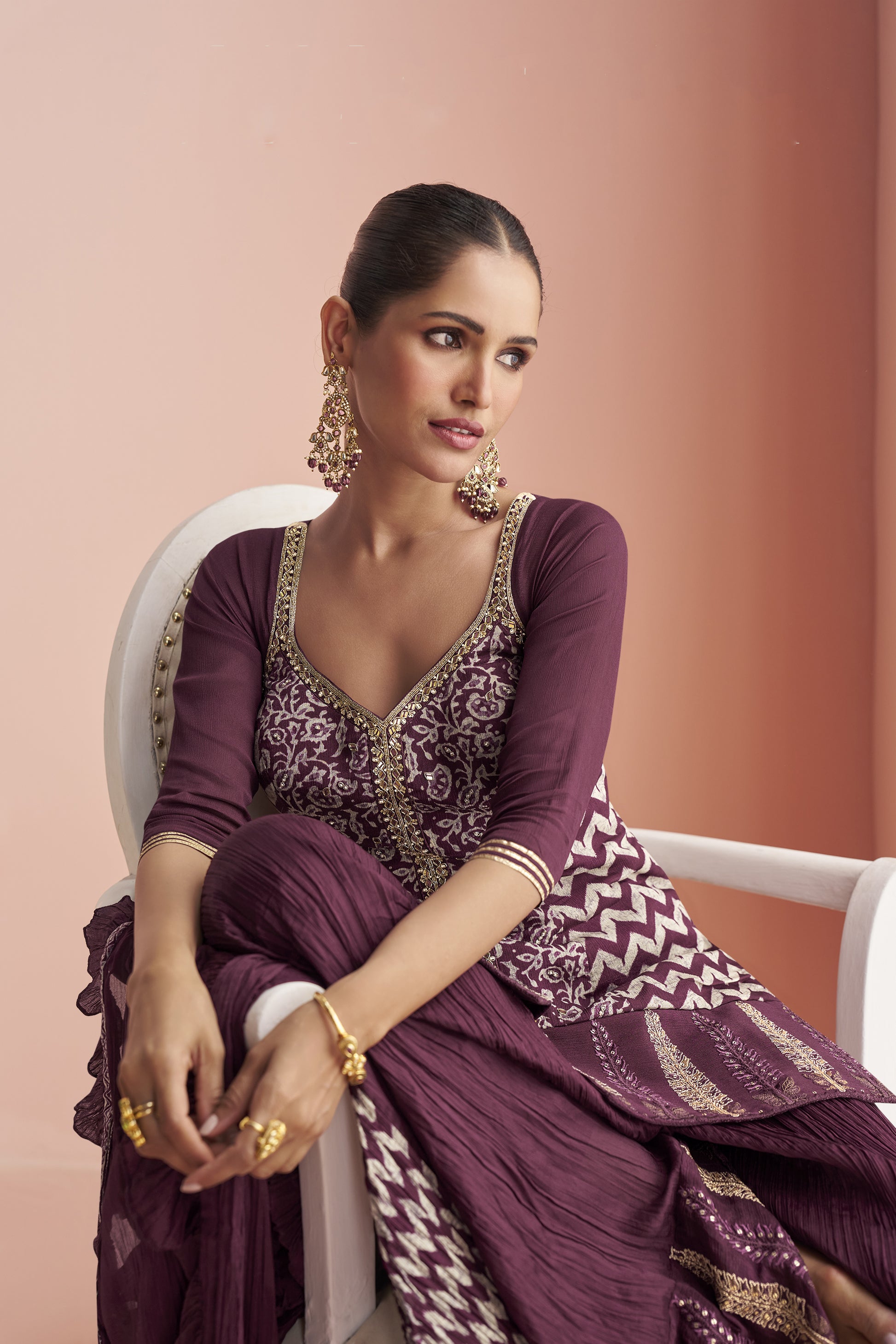 Designer Mauve Purple Color Salwar Kameez Palazzo with Embroidered Dupatta