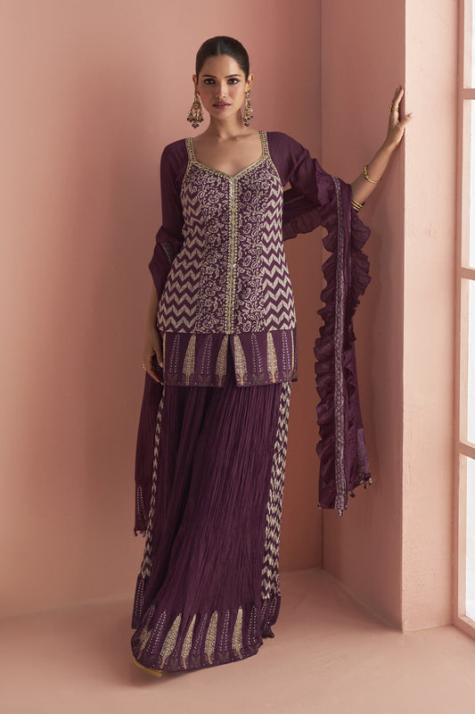 Designer Mauve Purple Color Salwar Kameez Palazzo with Embroidered Dupatta
