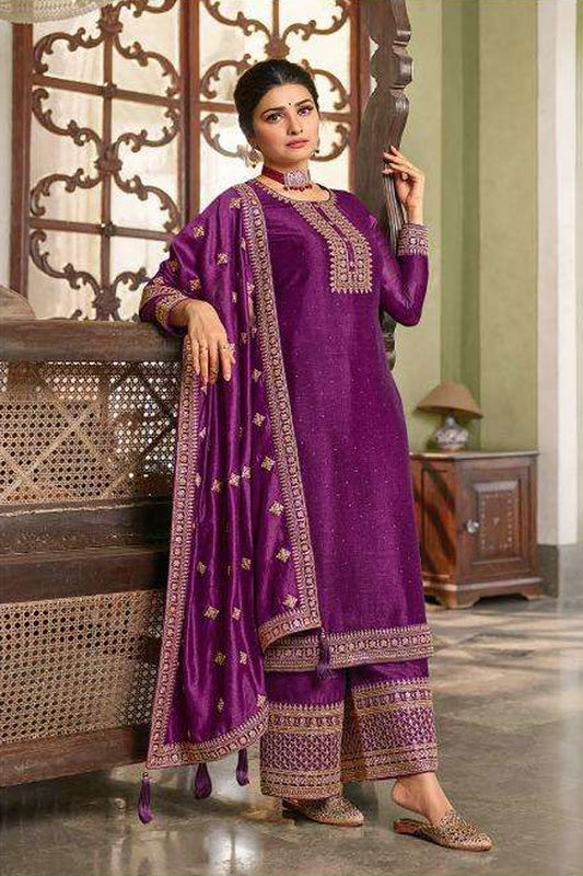 Embroidery Work Silk Georgette Purple Color Plus Size Plazzo For Wedding & Festival