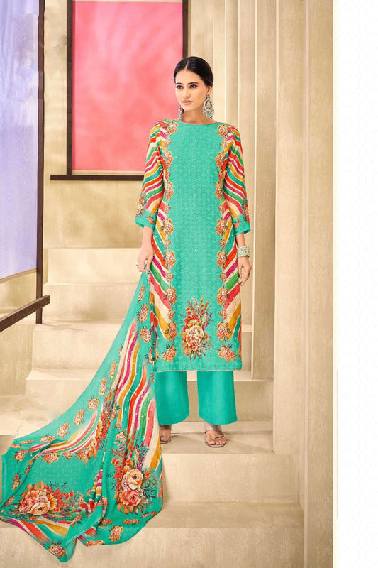 Indian Cotton Designer Printed Shalwar Kameez Suits in Blue Color