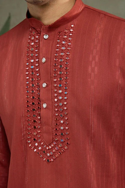 Red Kurta Mens Design With Traditional Mirror Details
