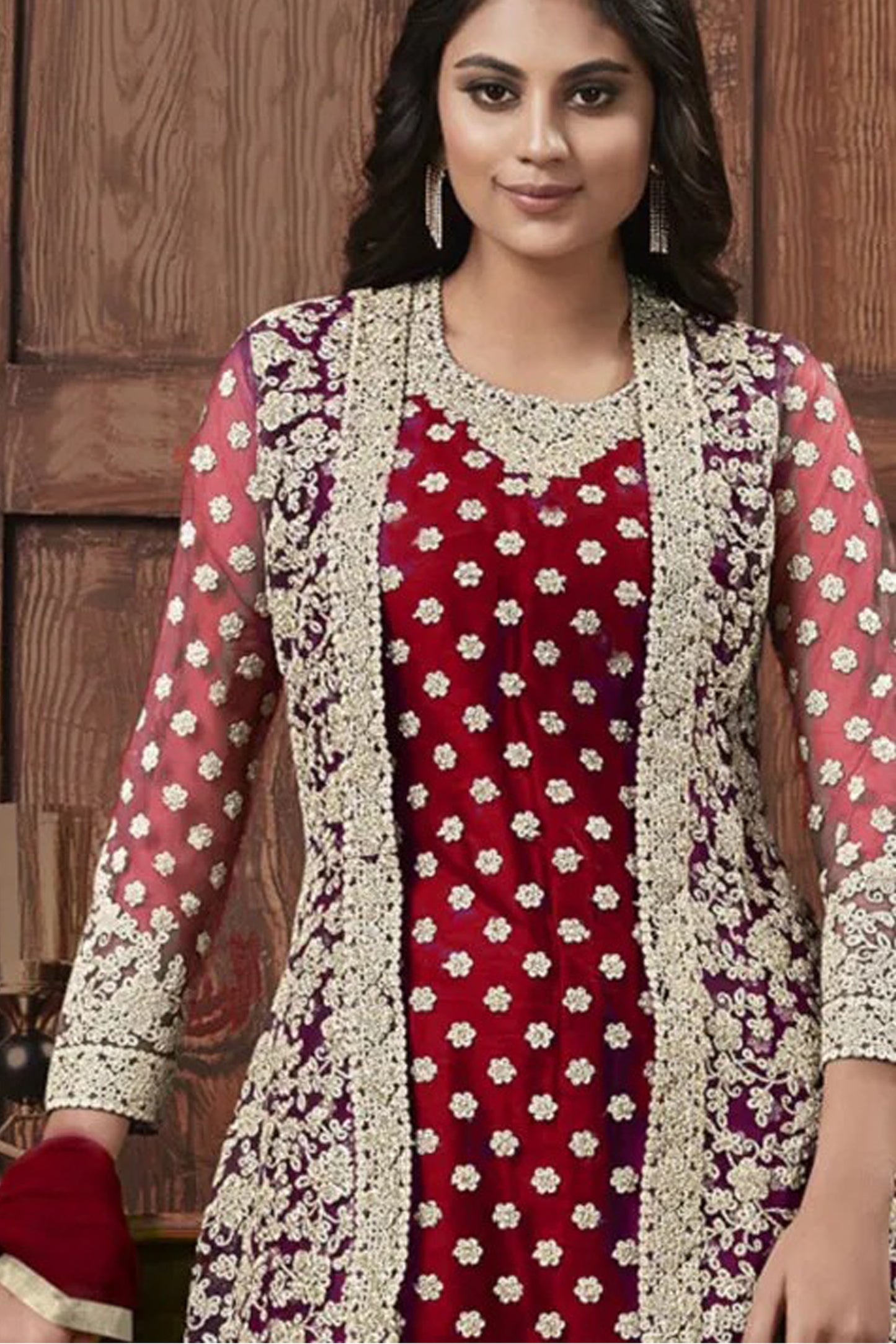 Newest Style Heavy Butterfly Net Embroidery Work Red Salwar Kameez For Wedding