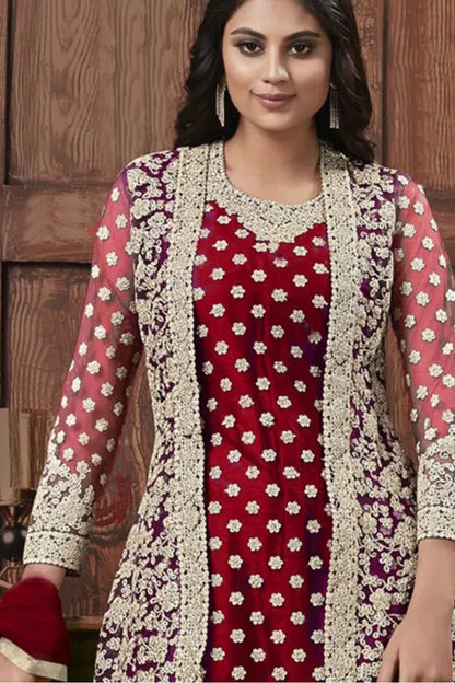 Newest Style Heavy Butterfly Net Embroidery Work Red Salwar Kameez For Wedding