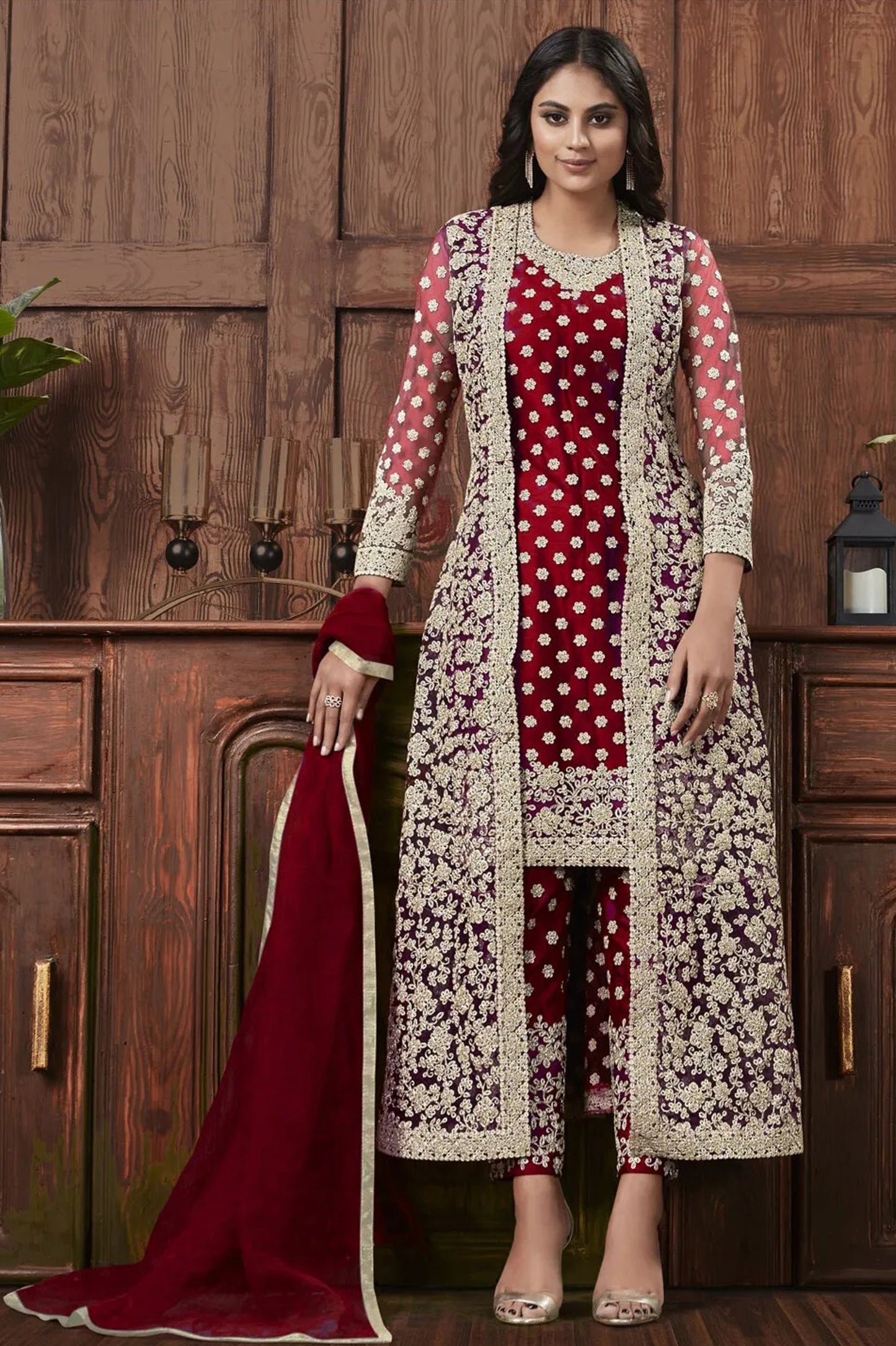 Newest Style Heavy Butterfly Net Embroidery Work Red Salwar Kameez For Wedding