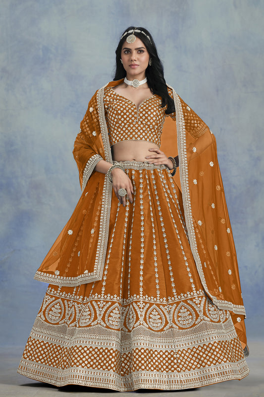 Premium Mustard Designer Art Silk Net Fabric Embroidered Lehenga Choli
