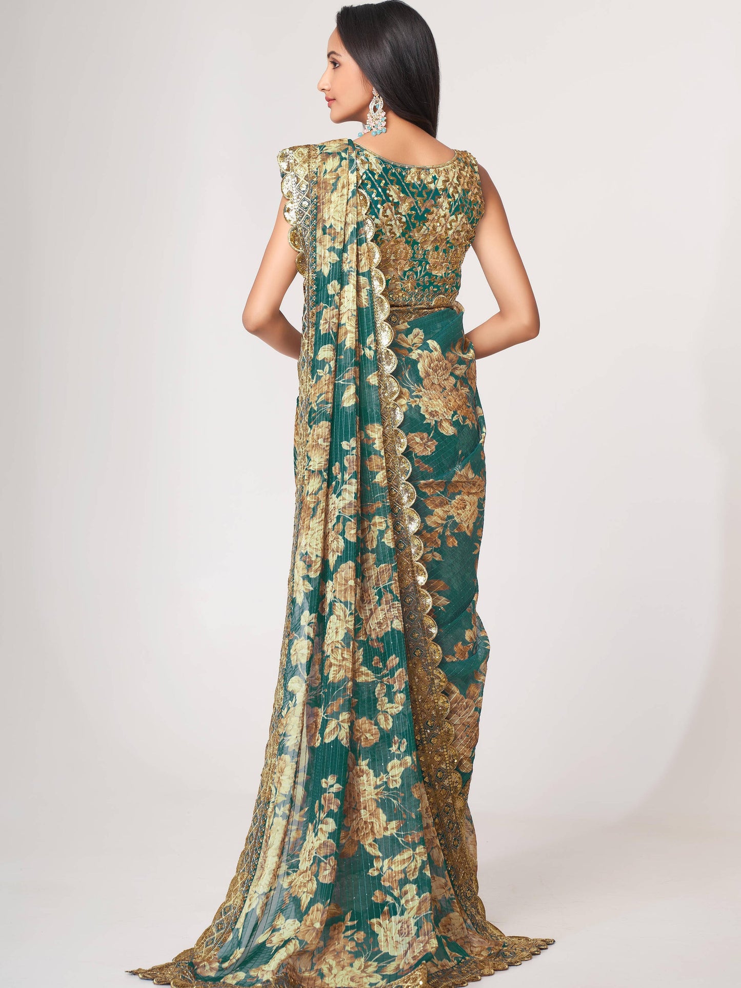 Trendy Designer Teal Blue Color Organza Fabric Floral Printed Saree For Special Festival Wear