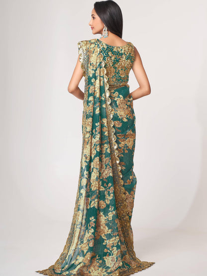 Trendy Designer Teal Blue Color Organza Fabric Floral Printed Saree For Special Festival Wear