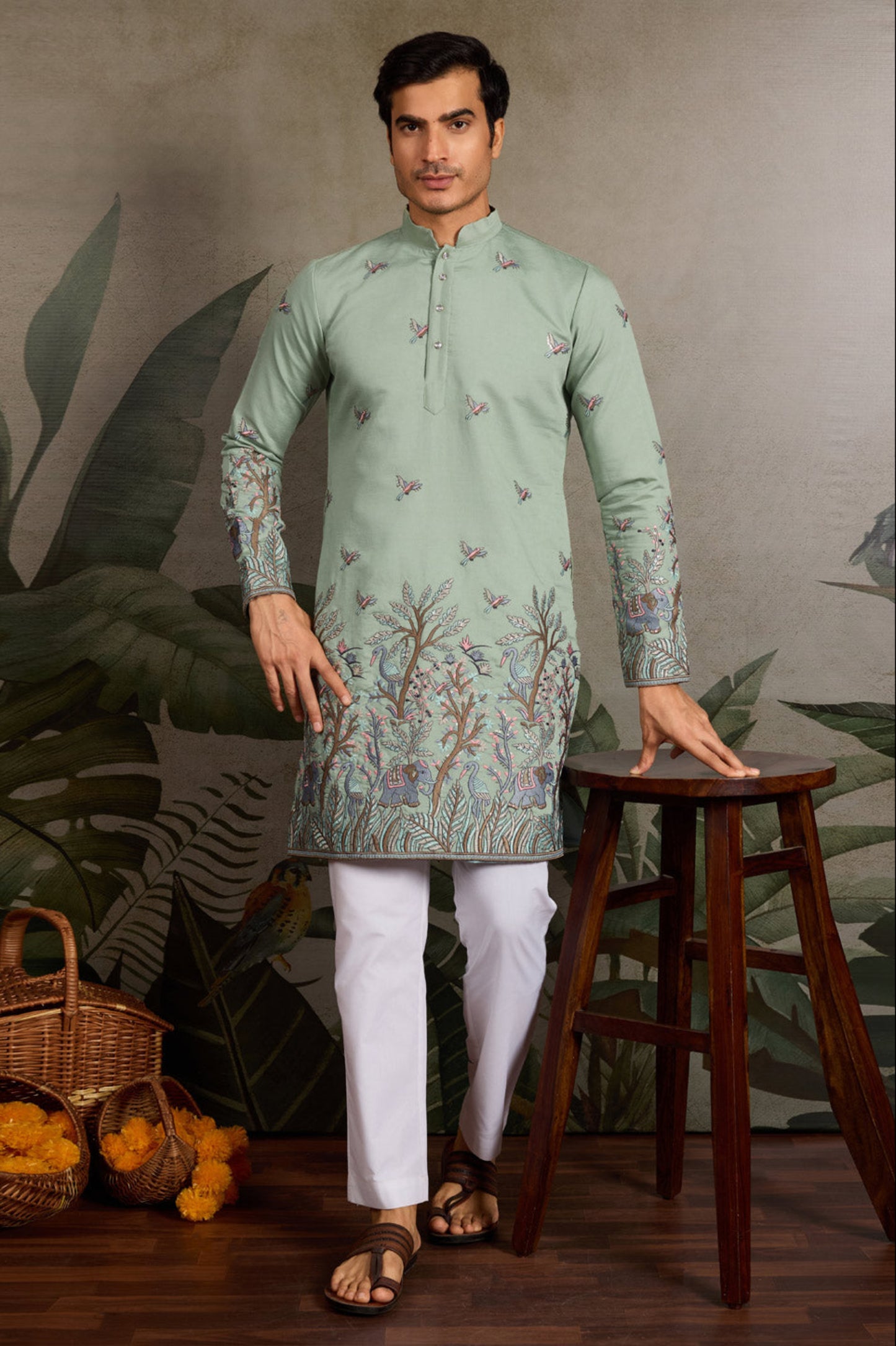 sage green kurta set front view festive wear
