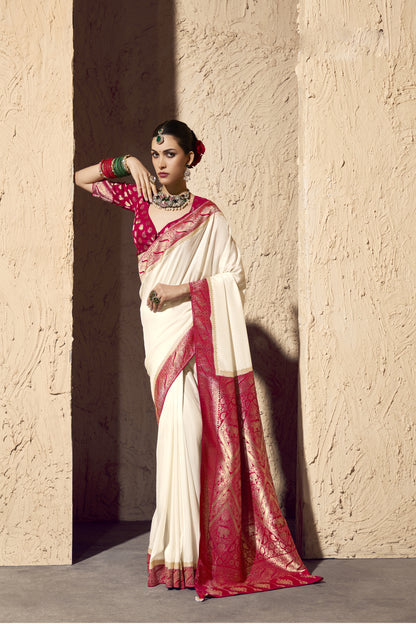 Beautiful red and cream silk saree for women with gold work Indian wedding outfit.