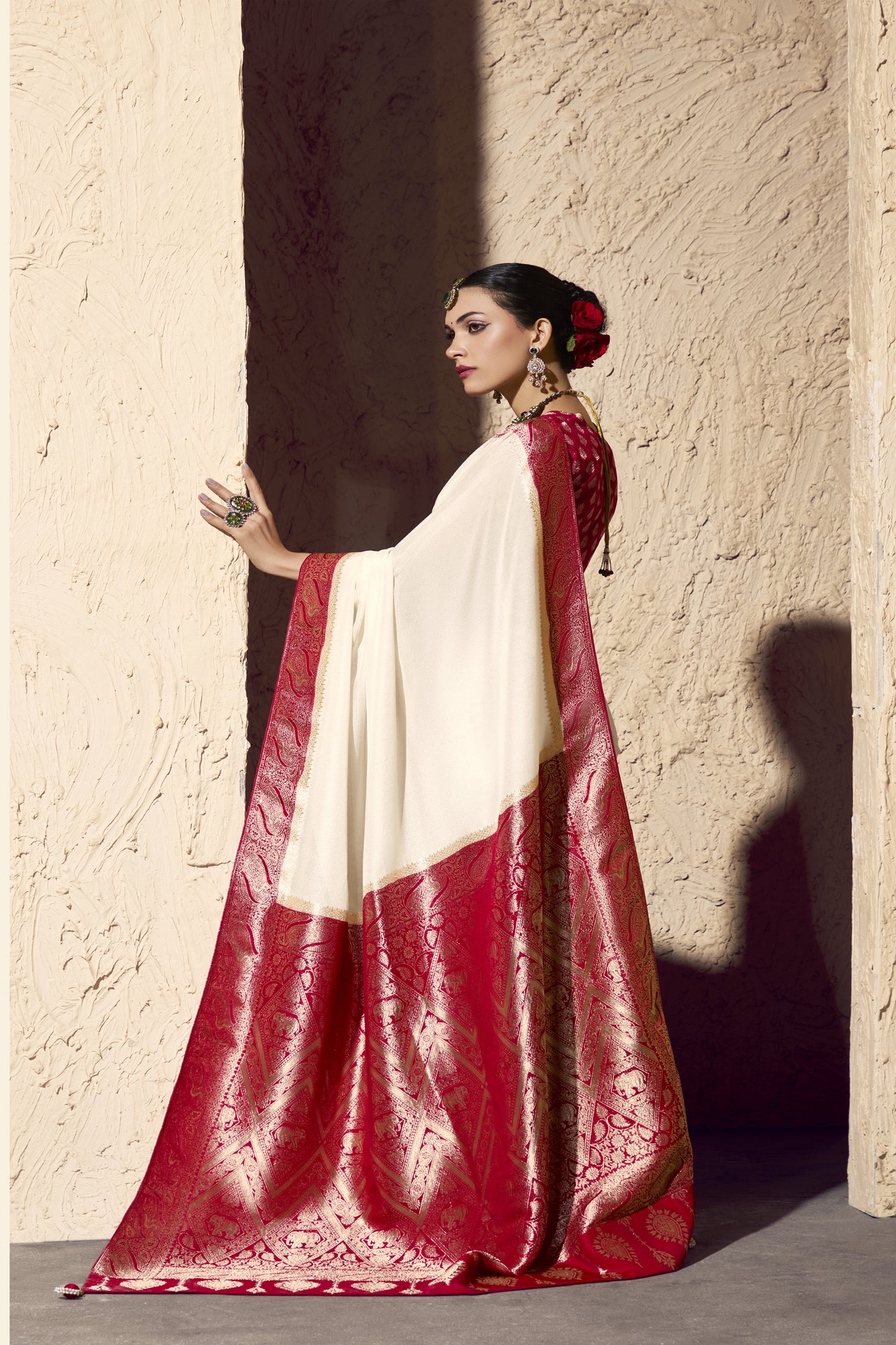 Elegant Indian saree for women in red and cream with gold border premium silk design.