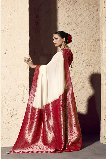 Elegant Indian saree for women in red and cream with gold border premium silk design.