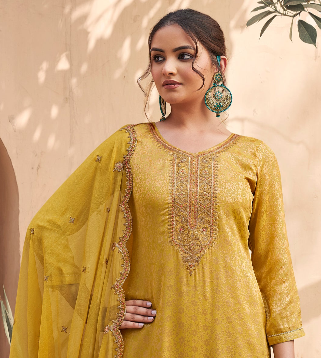 Traditional Designer Jacquard Fabric Haldi Function Wear Salwar Kameez Suit