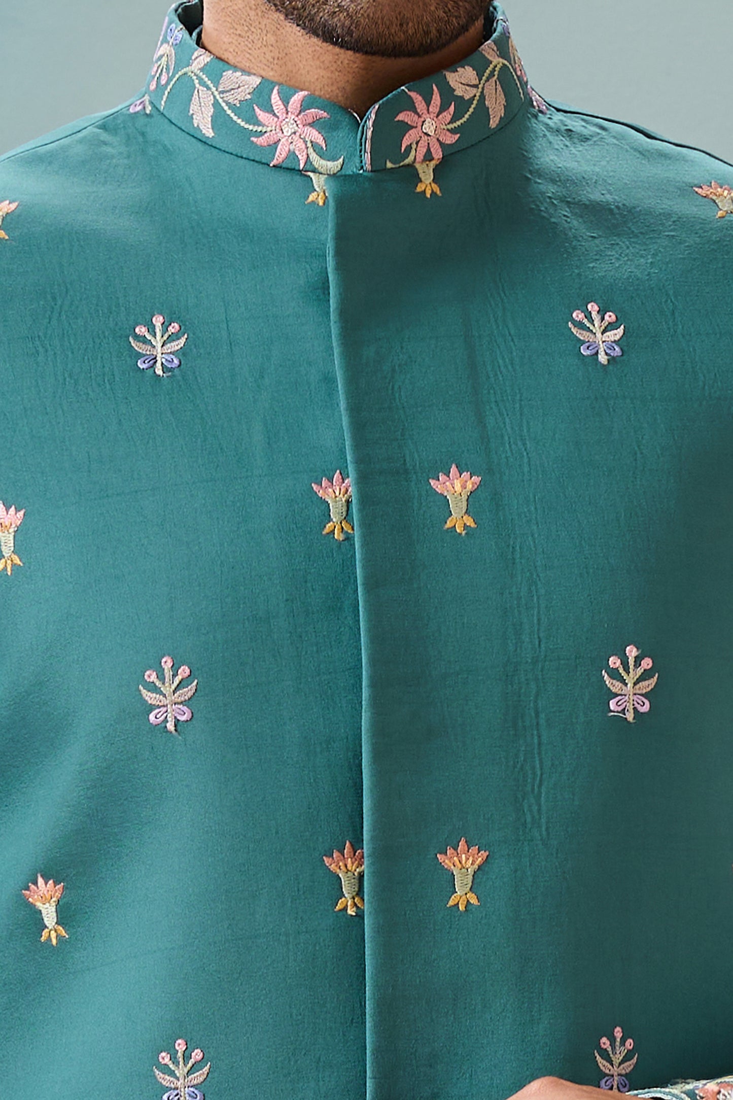 Teal Blue Men's Kurta With Intricate Thread Work - Ready to Wear