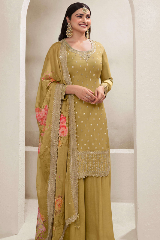 Yellow Color Stylish Eid Special Chinon Silk Salwar Kameez With Digital Printed Dupatta