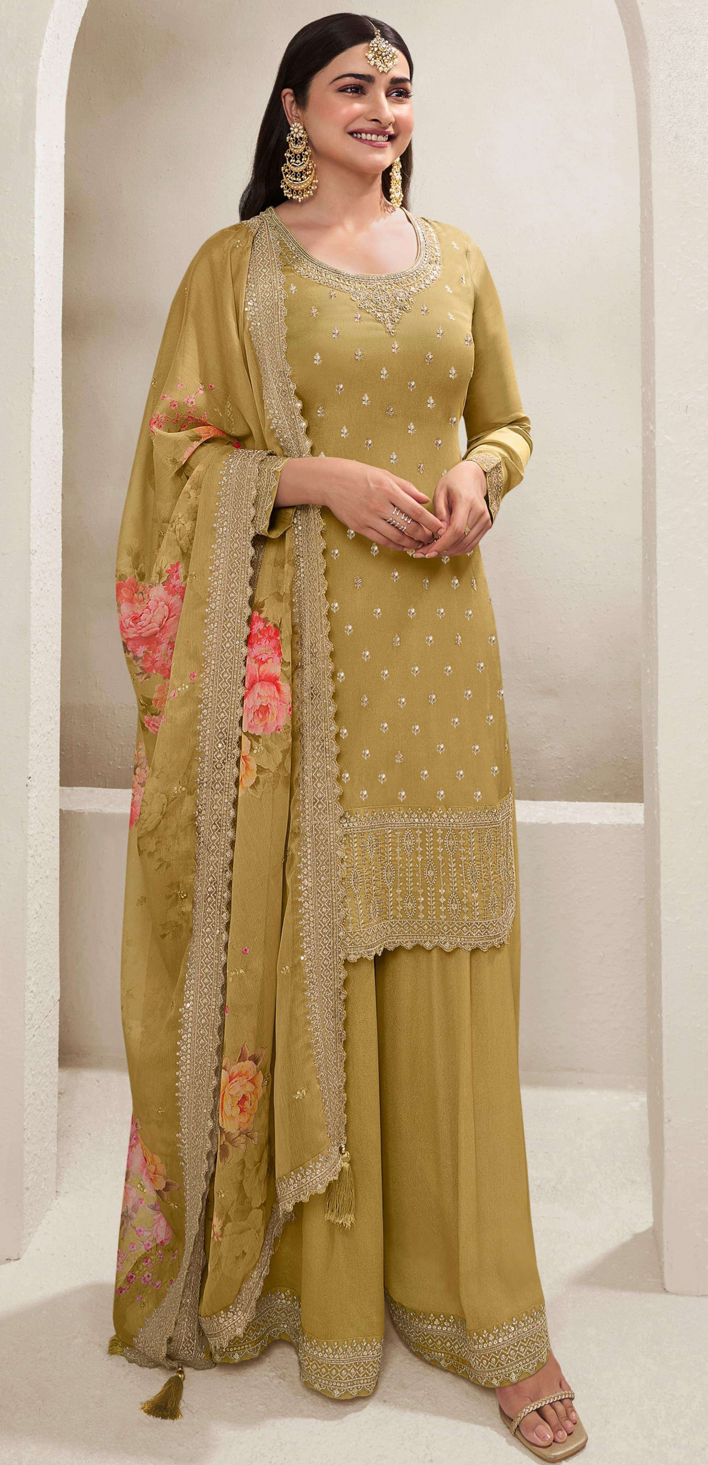 Yellow Color Stylish Eid Special Chinon Silk Salwar Kameez With Digital Printed Dupatta