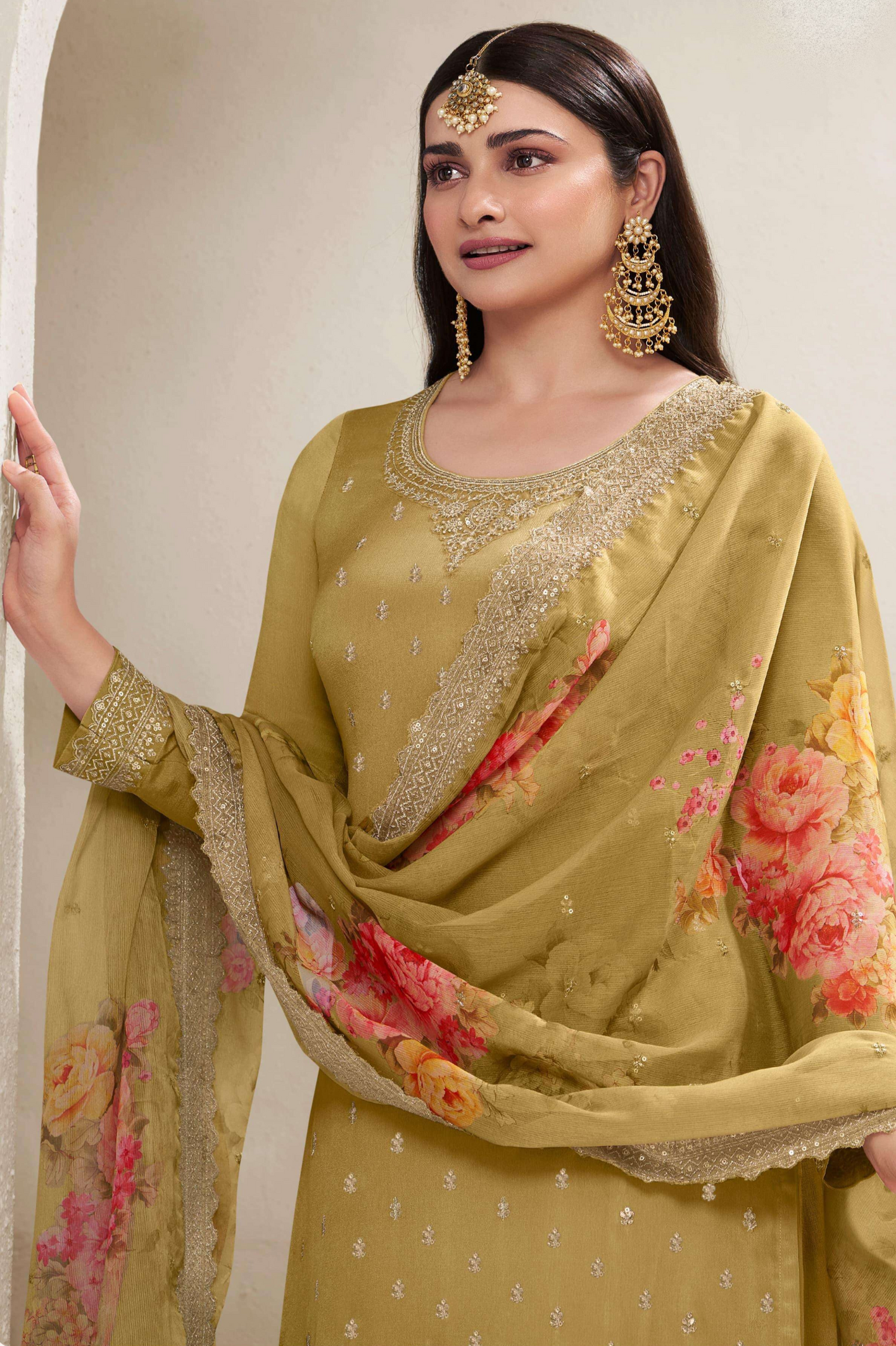 Yellow Color Stylish Eid Special Chinon Silk Salwar Kameez With Digital Printed Dupatta