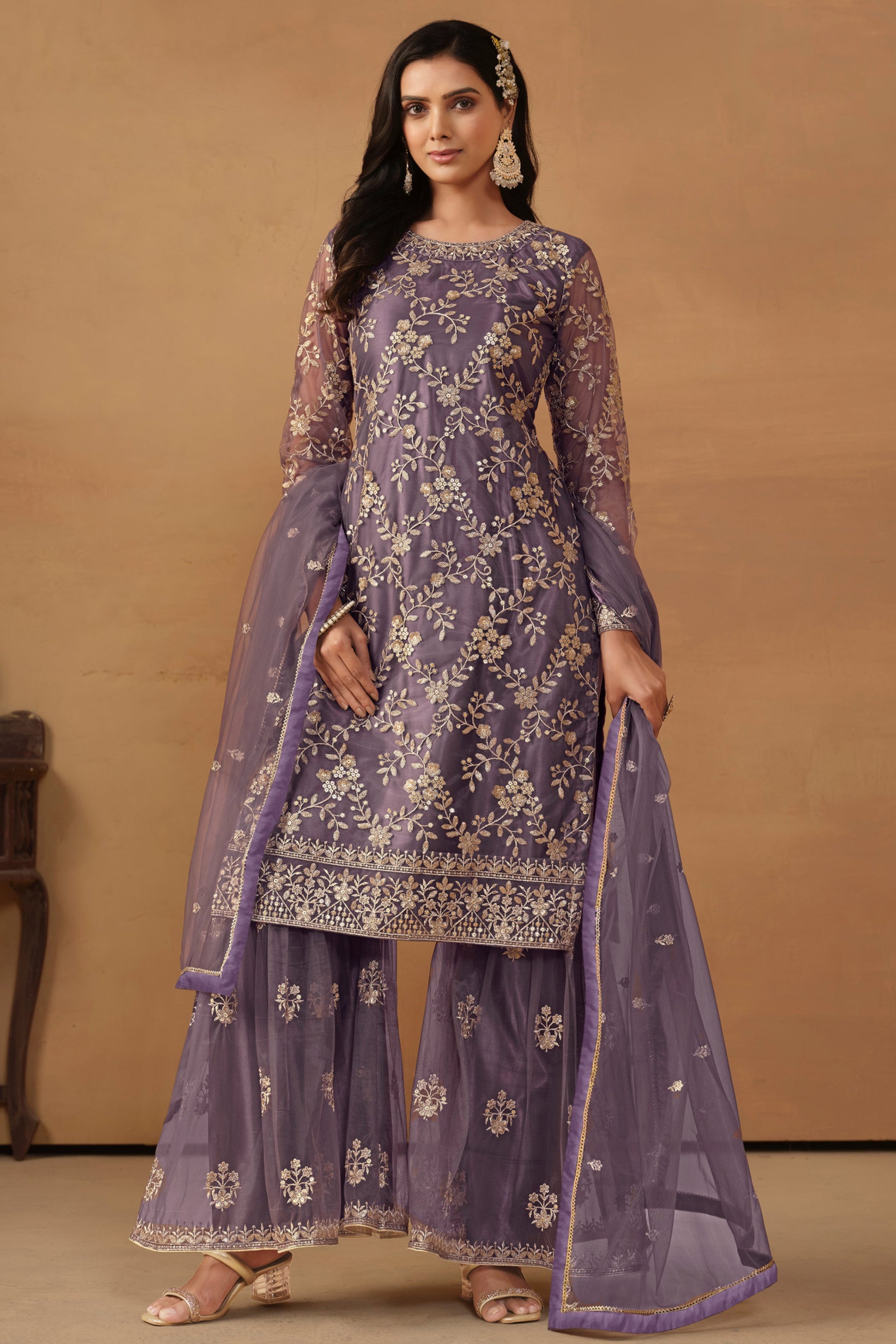 Purple Net Sharara With Thread & Sequin Embroidery - Designer Wedding Outfit By Seyuri