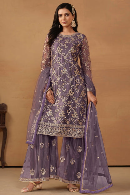 Purple Net Sharara With Thread & Sequin Embroidery - Designer Wedding Outfit By Seyuri