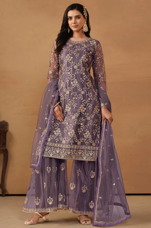 Purple Net Sharara With Thread & Sequin Embroidery - Designer Wedding Outfit By Seyuri
