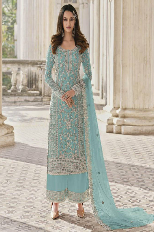 Embroidery Work Sky Blue Butterfly Net Plazzo Suit With Plus Size For Wedding-Reception