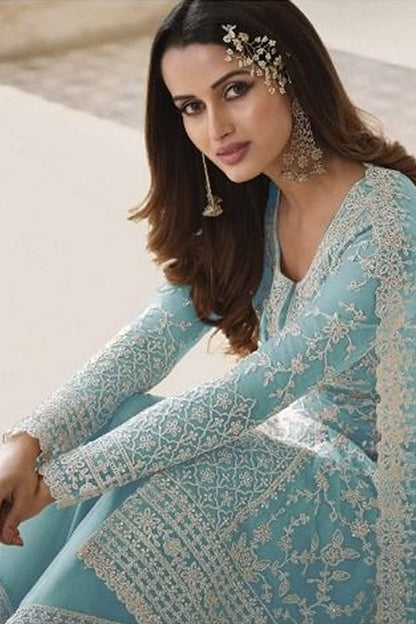 Embroidery Work Sky Blue Butterfly Net Plazzo Suit With Plus Size For Wedding-Reception