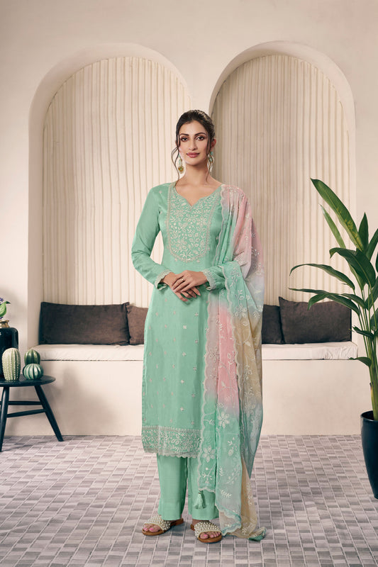 Stunning Light Green Designer Santoon Fabric Embroidery Work Salwar Kameez Suit