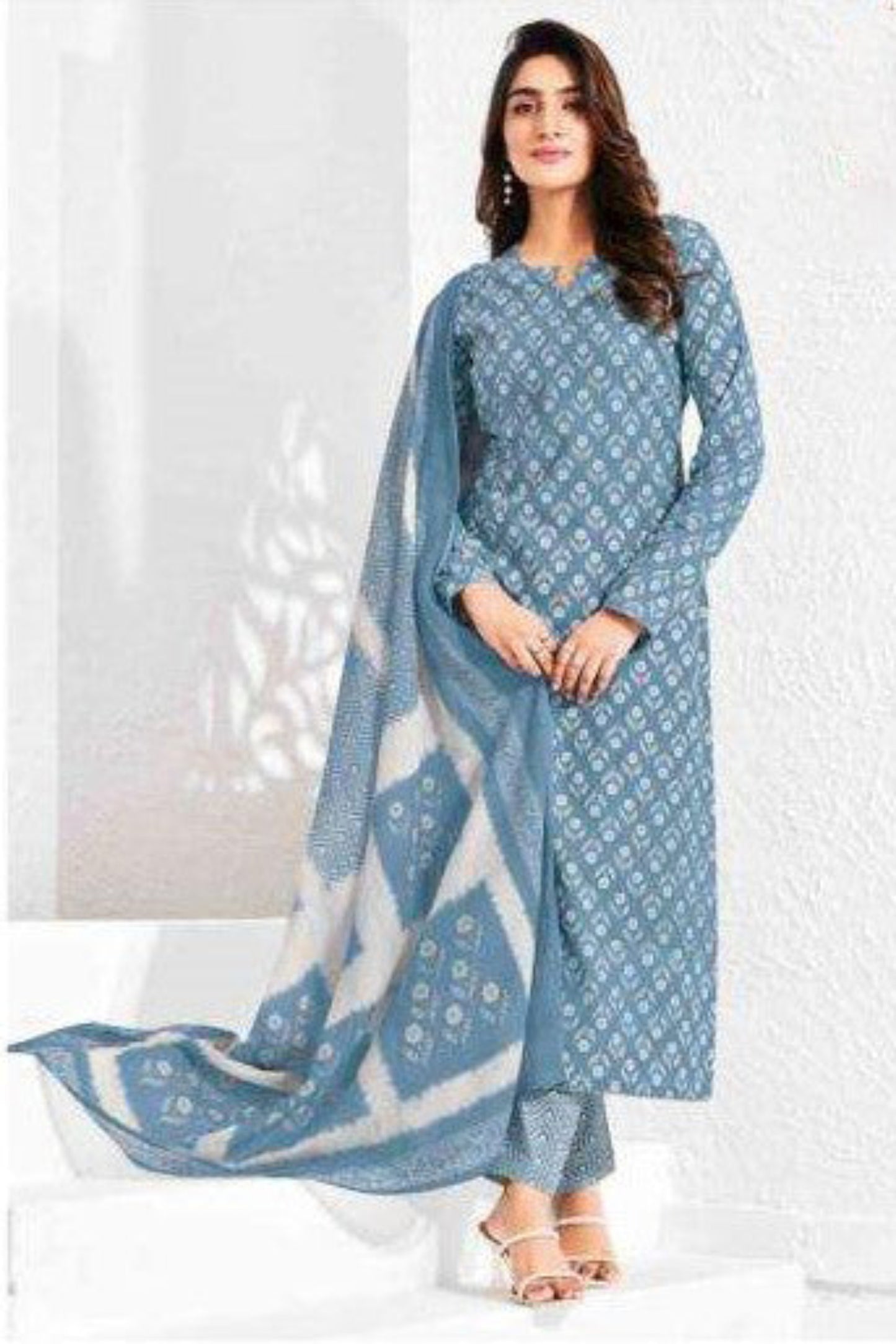 Sky Blue Premium Print Cotton Shalwar Kameez for Everyday Wear