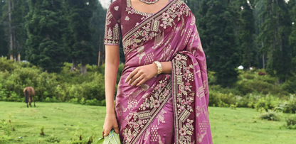Brown & Pink Dola Silk Saree with Embroidery for Sangeet Night