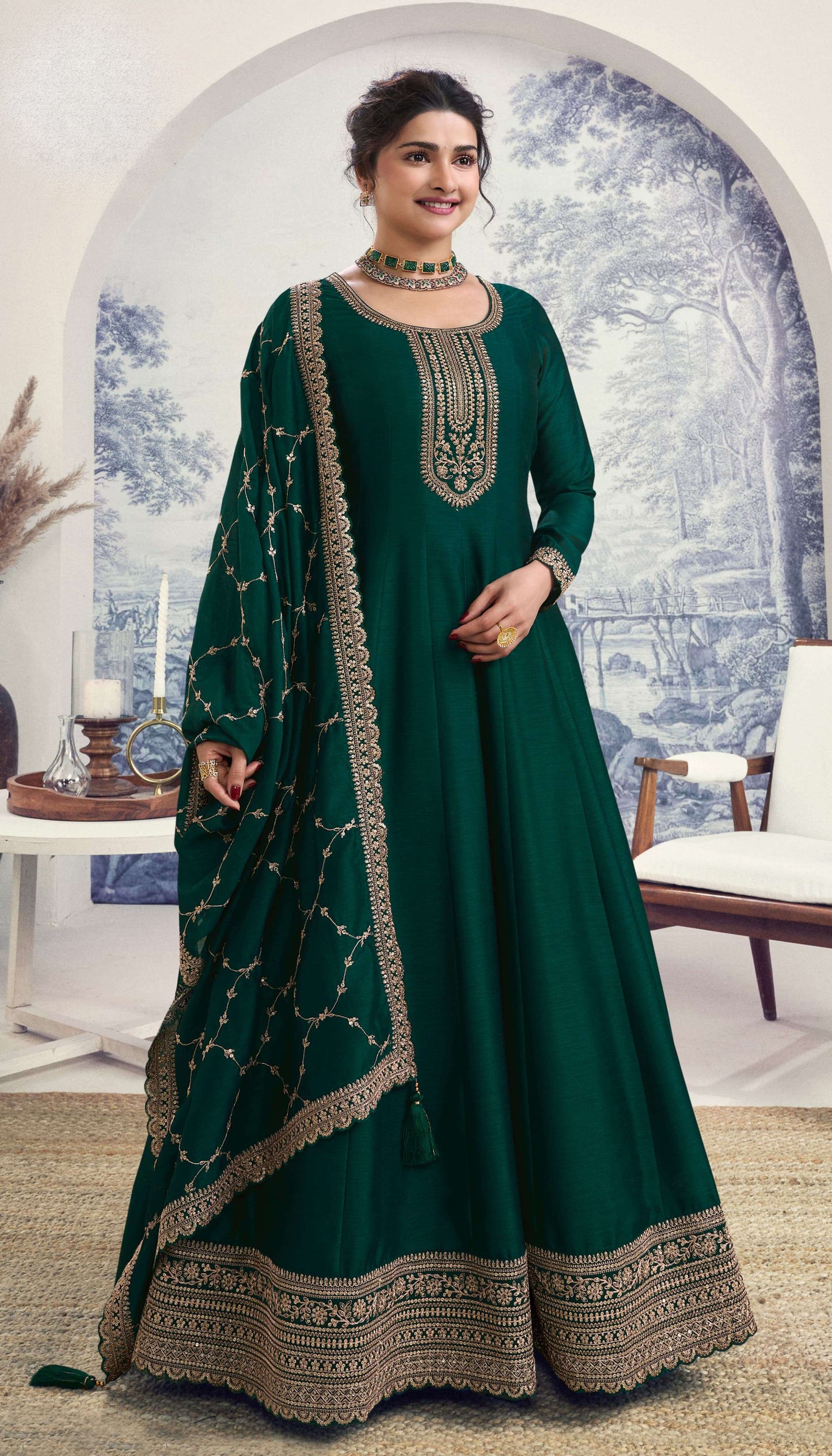 Heavy Embroidery Worked Stitched Silk Georgette Full Flared Anarkali Dupatta Gown Suit's