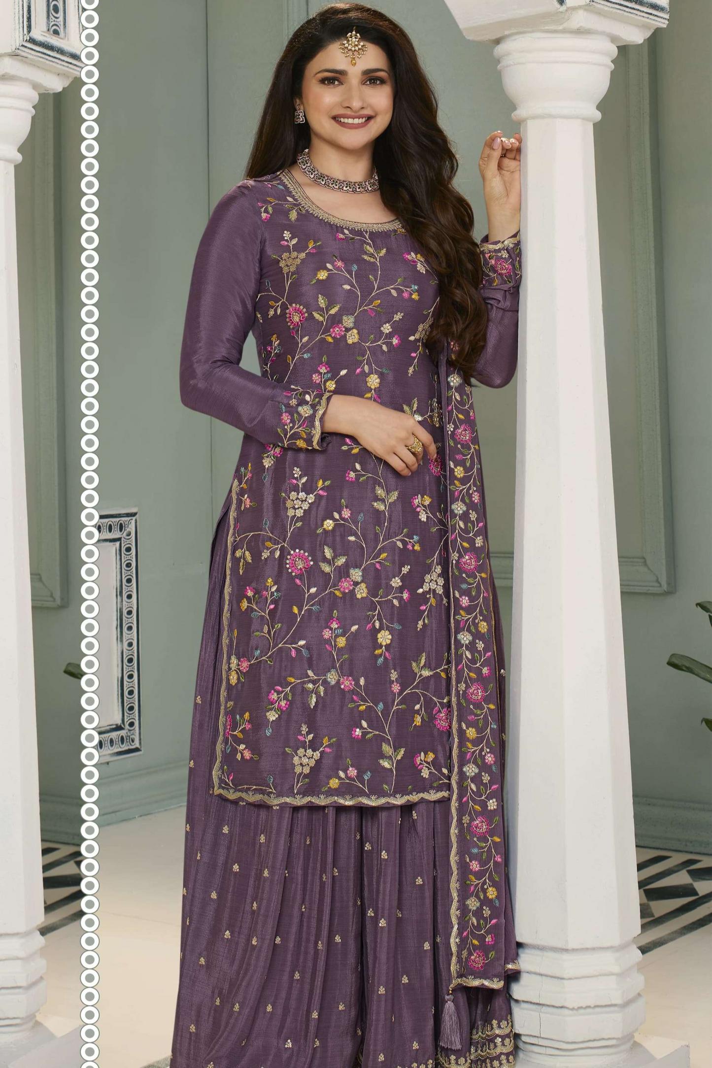 Designer Stylish Function Party Wear Chinon Silk Salwar Kameez Palazzo Dupatta Dress