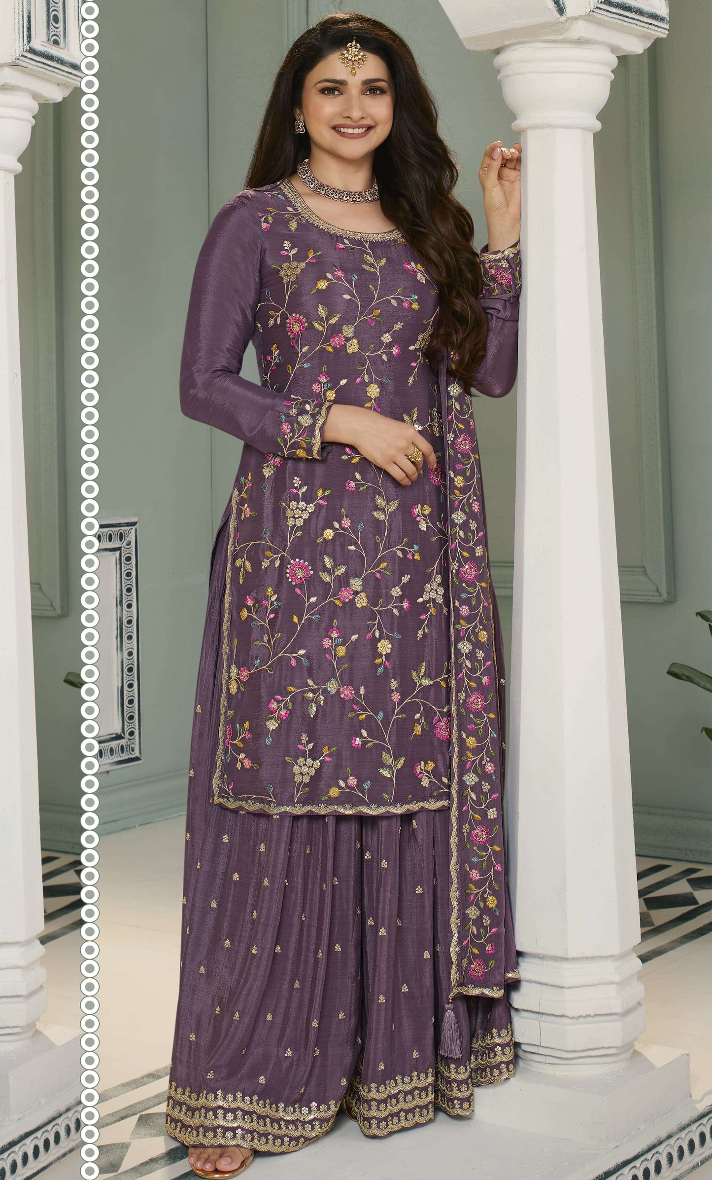 Designer Stylish Function Party Wear Chinon Silk Salwar Kameez Palazzo Dupatta Dress