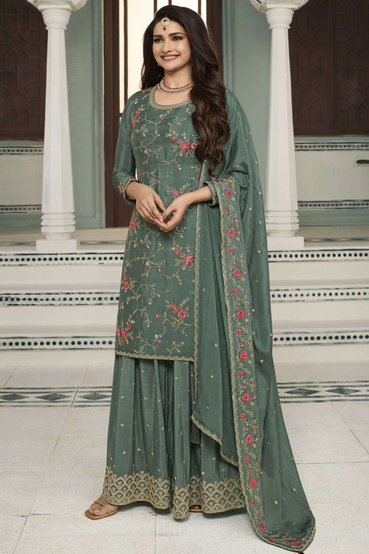 Green Color Ethnic Party Wear Embroidery Work Salwar Kameez Palazzo Dupatta Suits