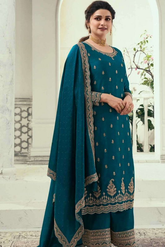 Georgette Silk Embroidery Worked Teal Blue Color Salwar Kameez Palazzo Dupatta Dress