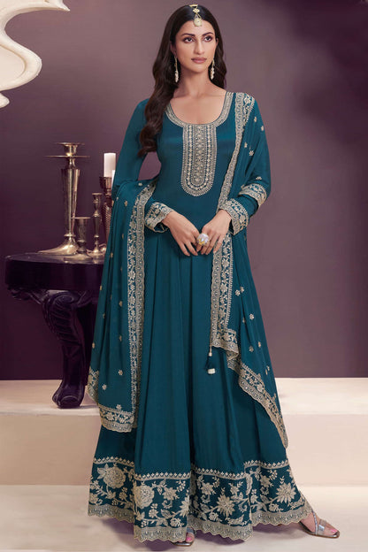 New Teal Blue Designer Embroidered Indian Traditional Anarkali Gown