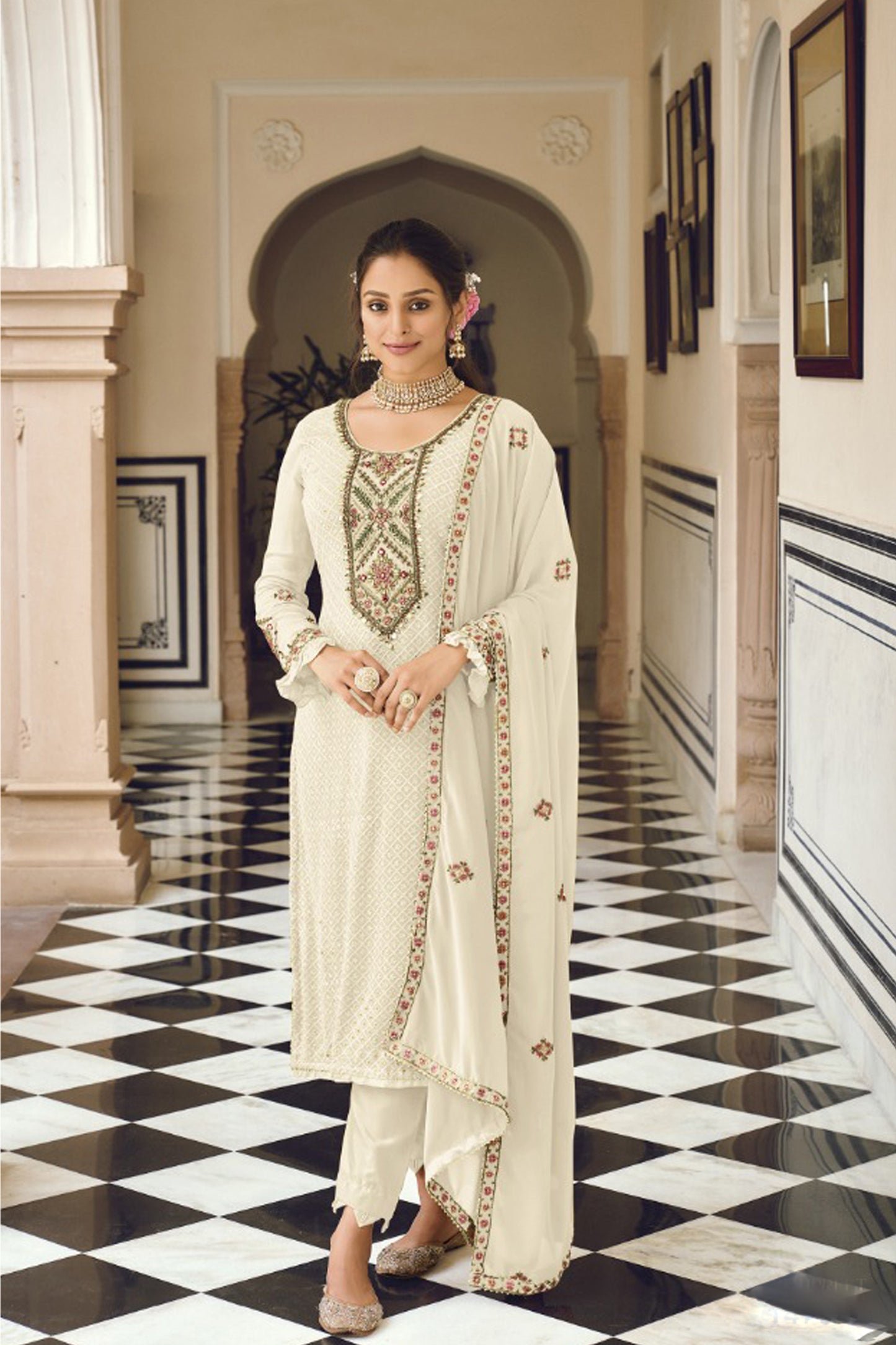 Off White Georgette Embroidery Work Kameez with Pant For Indian Suit Festivals-Weddings