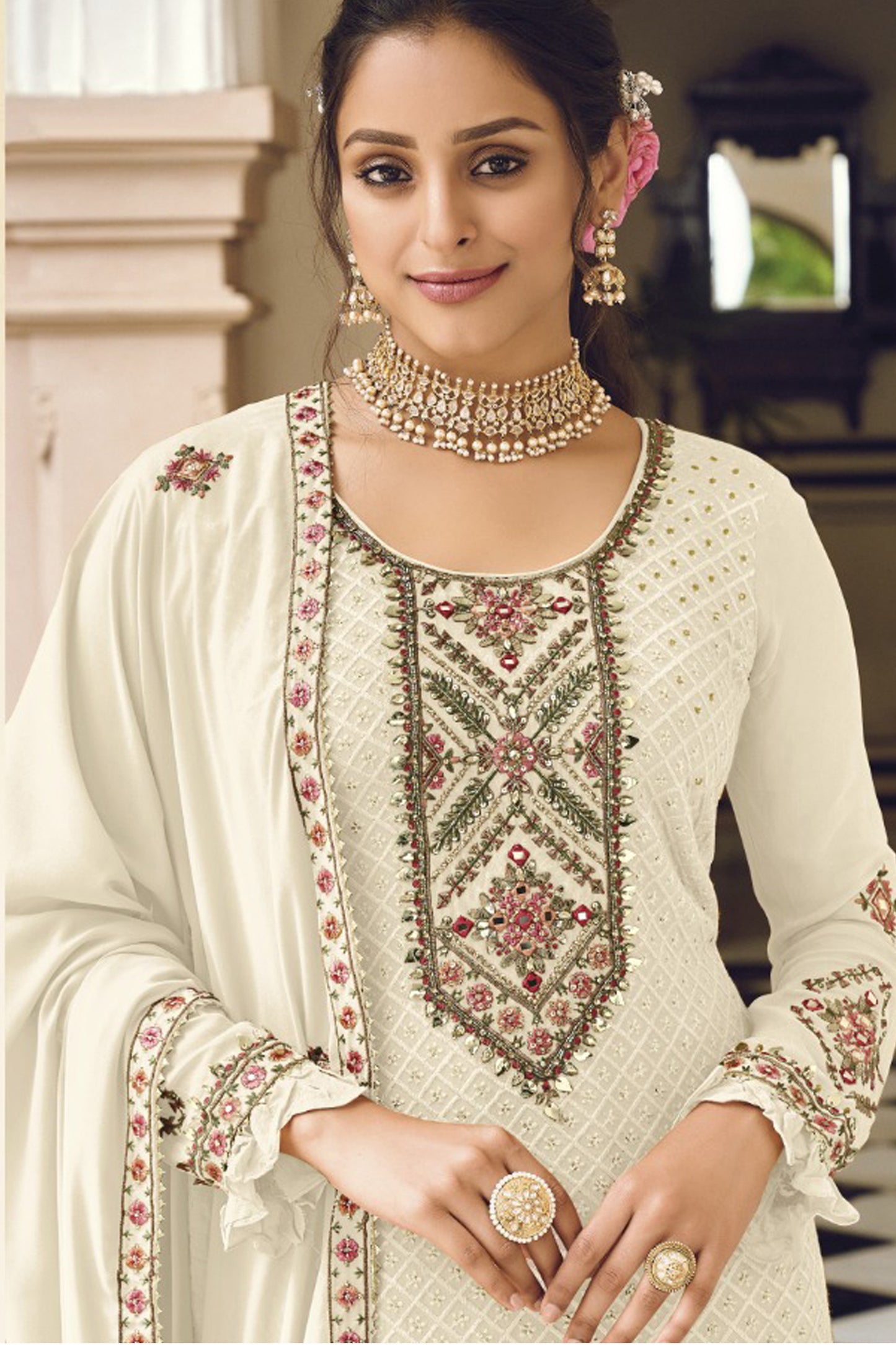 Off White Georgette Embroidery Work Kameez with Pant For Indian Suit Festivals-Weddings