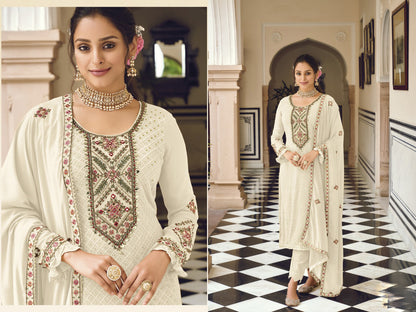 Off White Georgette Embroidery Work Kameez with Pant For Indian Suit Festivals-Weddings