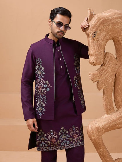 men’s wine kurta set close up of thread embroidery
